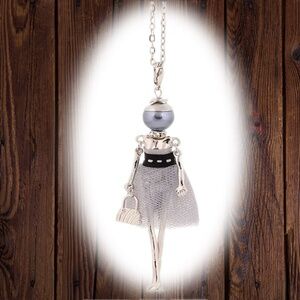3.5" Doll On A Long Silver Color Chain Wearing Grey Textured Dress - NWT